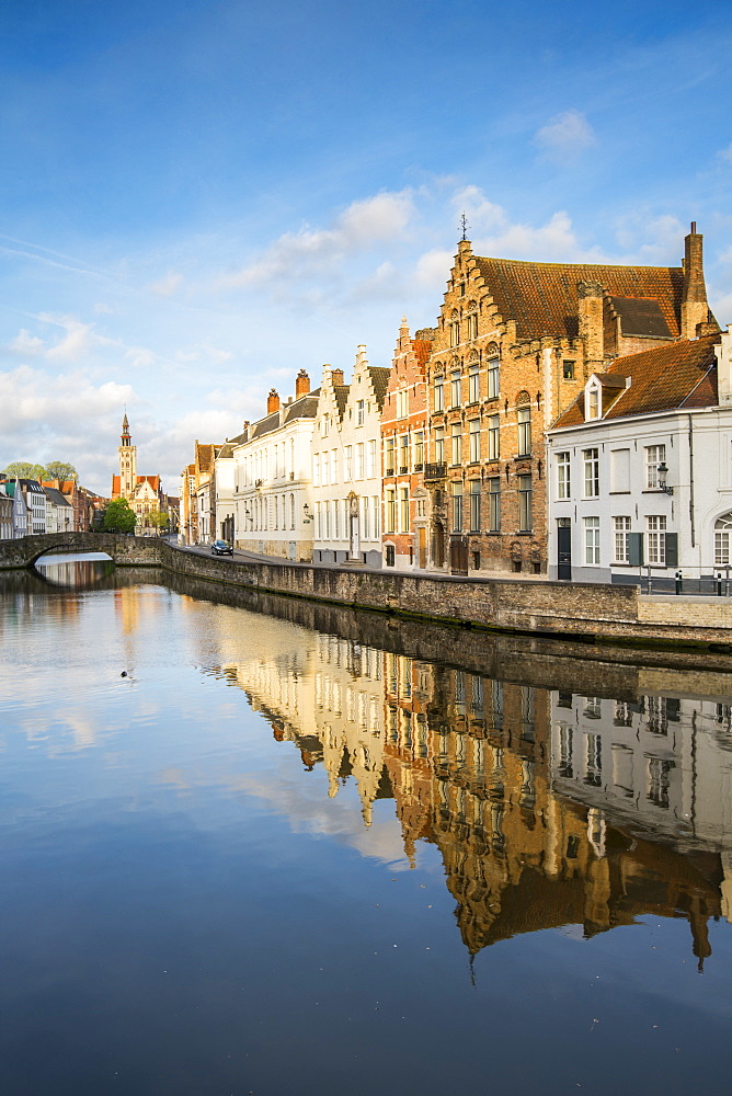 Houses reflected in the Langerei canal, Bruges, West Flanders province, Flemish region, Belgium, Europe