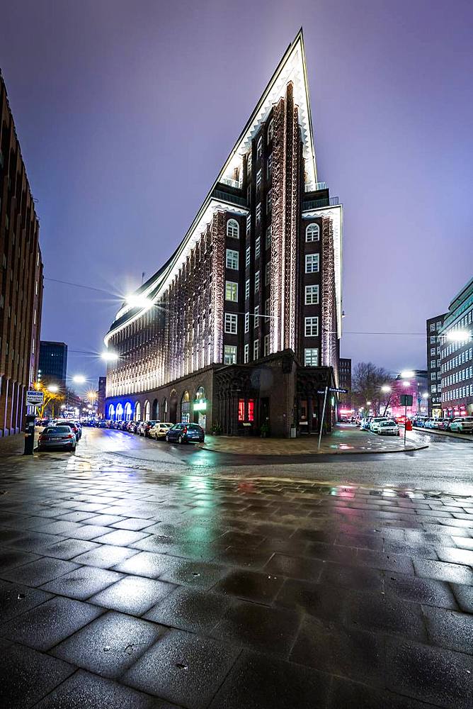 The Chilehaus (Chile House) office building at night, Hamburg, Germany, Europe