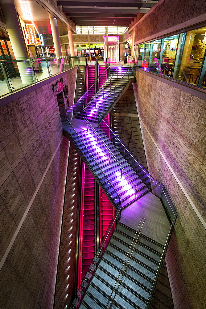 An illuminated staircase in the Liverpool One shopping centre during the evening, Liverpool, Merseyside, England, United Kingdom, Europe