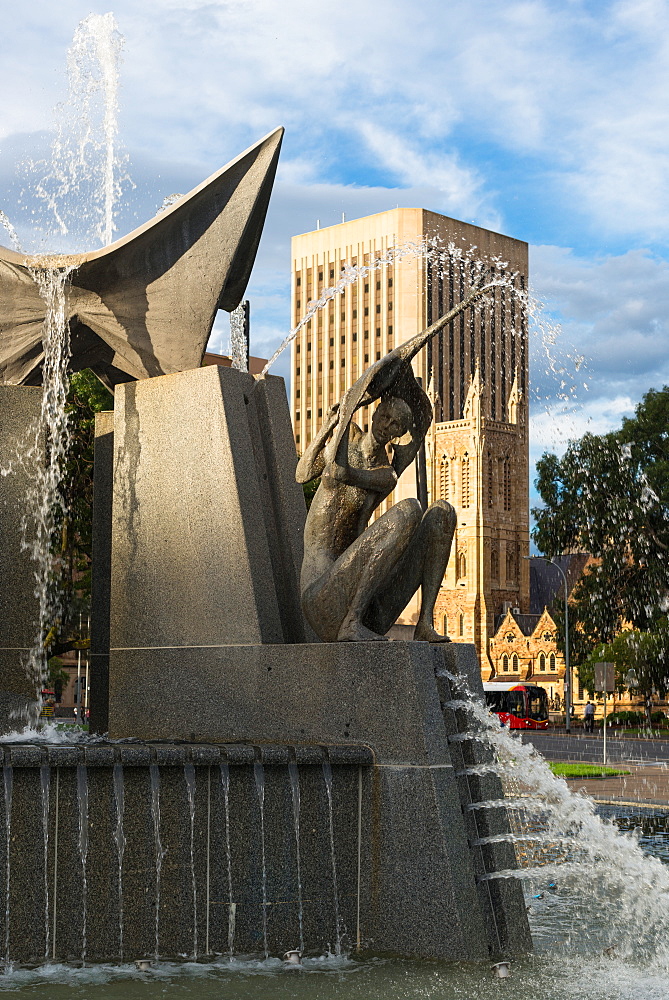 Three Rivers Fountain with St. Frances Xavier Cathedral to the rear, Victoria Square, Adelaide, South Australia, Australia, Pacific