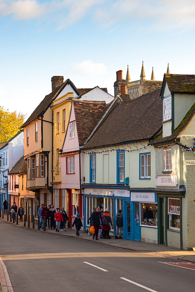 Multicoloured rickety old shops, pubs and cafes on Bridge Street, Cambridge, Cambridgeshire, England, United Kingdom, Europe