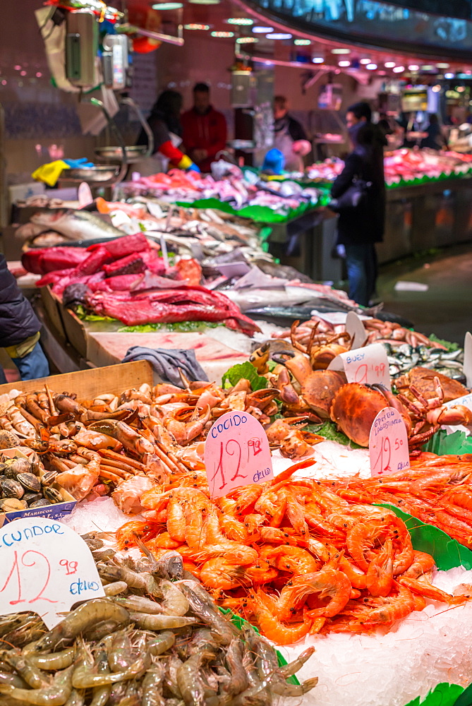 Fish stalls at Boqueria market, La Rambla, Barcelona, Catalonia, Spain, Europe