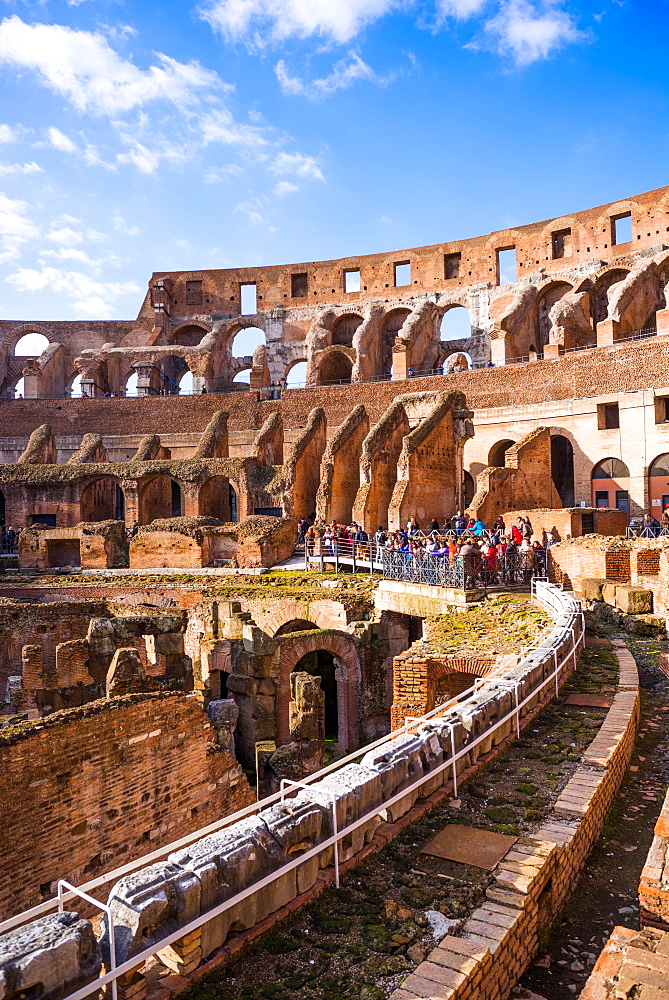 The Colosseum (Flavian Amphitheatre), with the below ground level hypogeum, UNESCO World Heritage Site, Rome, Lazio, Italy, Europe