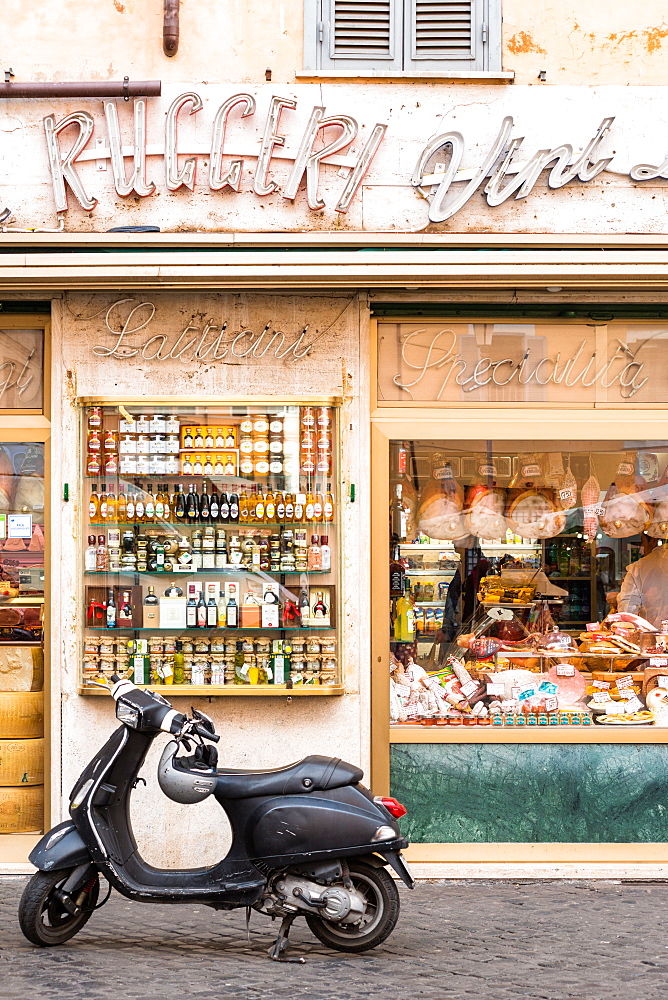 Traditional grocery store with scooter at Campo de' Fiori square, Rome, Lazio, Italy, Europe