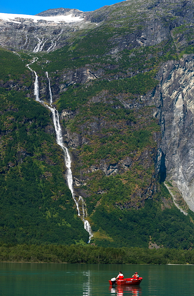 Oldevatnet Lake waterfall, Nordfjord, Norway, Scandinavia, Europe