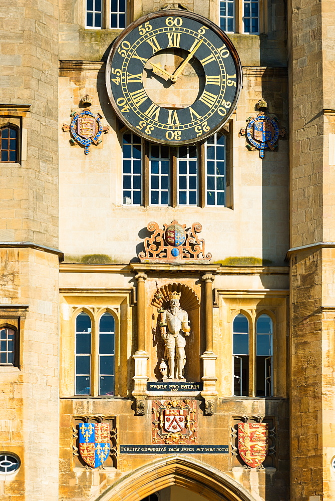 Close-up detail seen from the Great Court of Trinity College, University of Cambridge, Cambridge, Cambridgeshire, England, United Kingdom, Europe