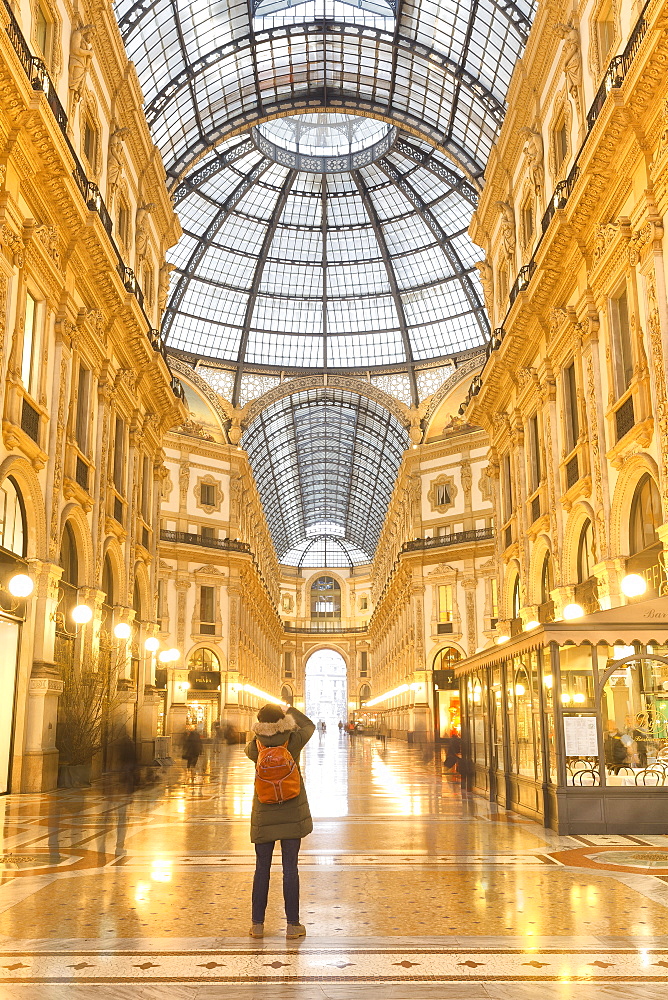 Morning scene of Galleria Vittorio Emanuele II, Milan, Lombardy, Northern Italy, Italy, Europe