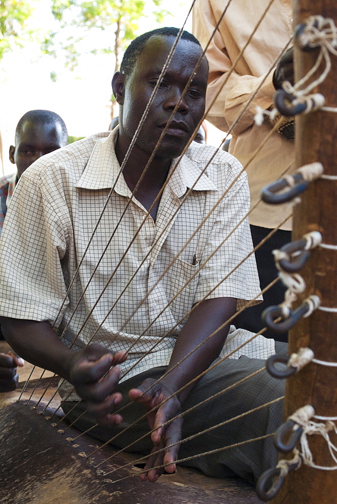 A man playing the chordophone, a musical instrument from the harp family, Uganda, Africa