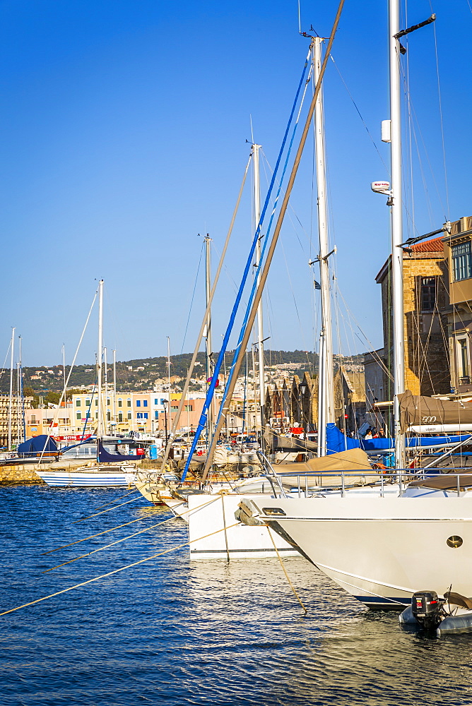 Yachts at Venetian Harbour, Chania, Crete, Greek Islands, Greece, Europe