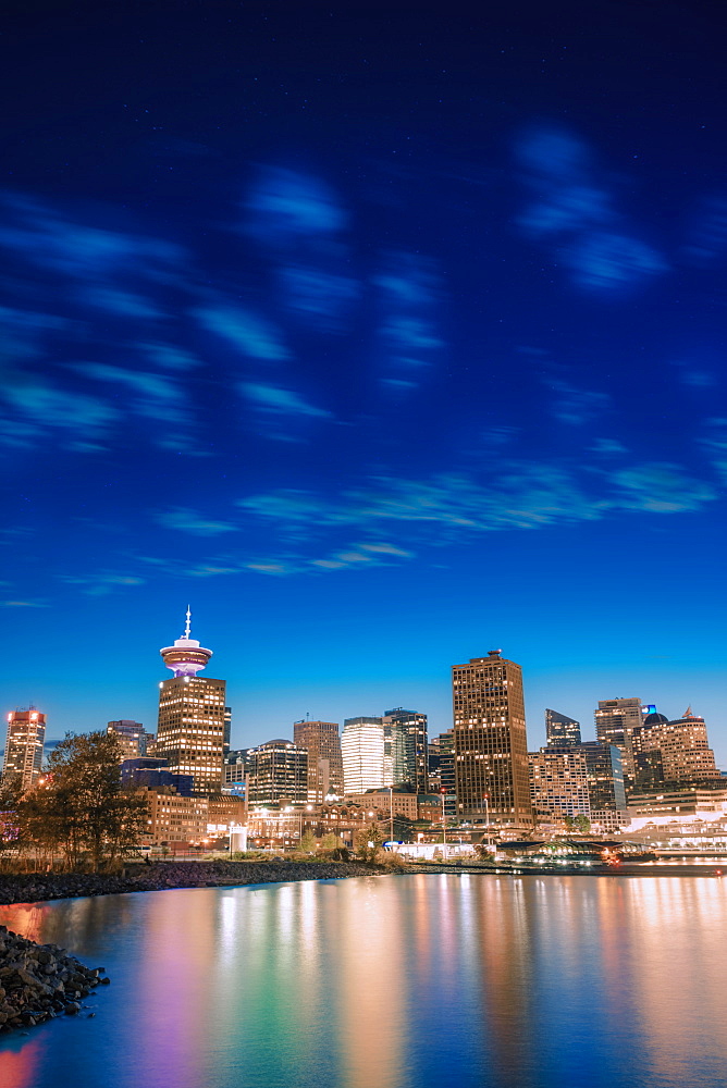 Vancouver skyline and high rise buildings at night, Vancouver, British Columbia, Canada, North America