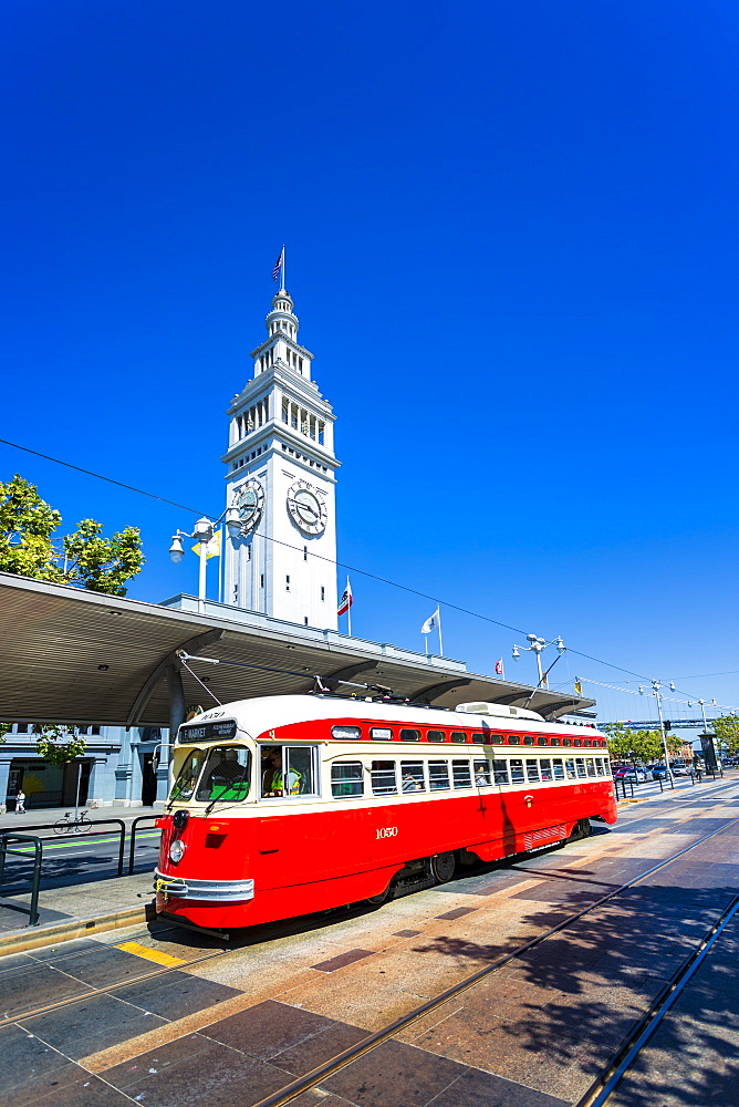 Ferry Building and Red Tram, San Francisco, California, United States of America, North America