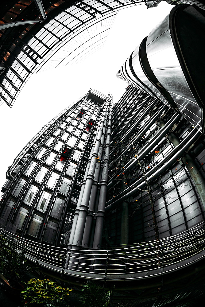 Fisheye view of Lloyds and The Leadenhall Buildings, financial district, City of London, England, United Kingdom, Europe