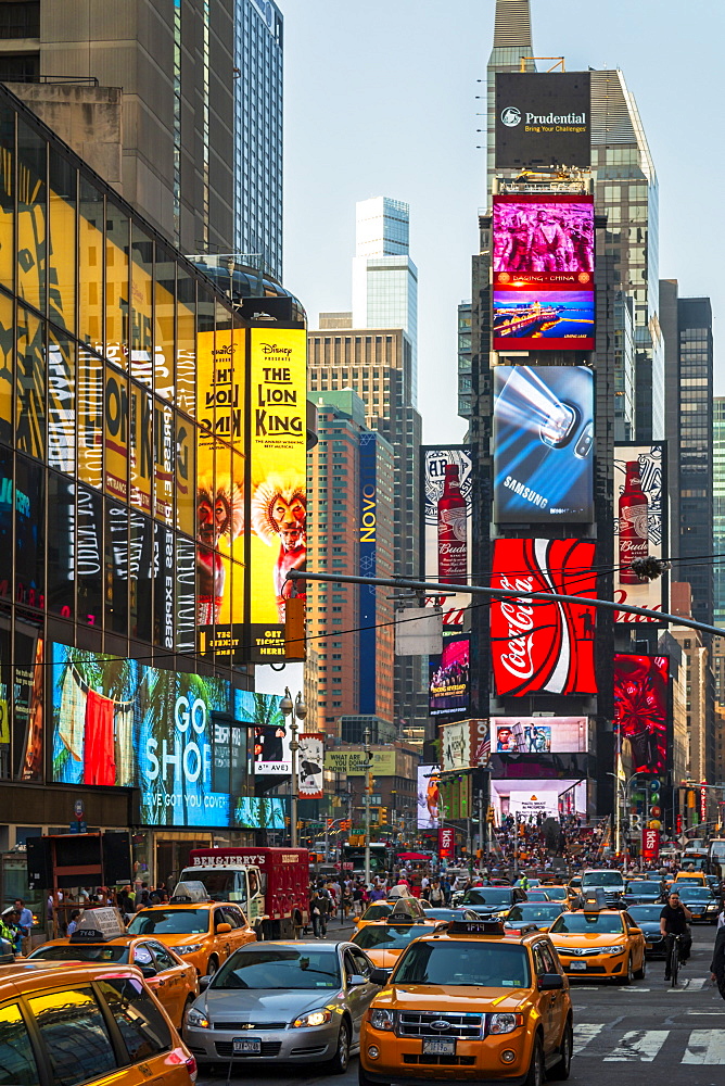 Bright billboards, busy traffic, Times Square, Broadway, Theatre District, Manhattan, New York, United States of America, North America