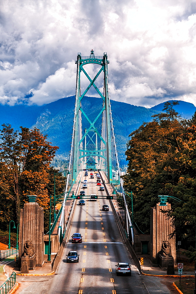 Traffic over Lions Gate Bridge in the autumn, Vancouver British Columbia, Canada, North America