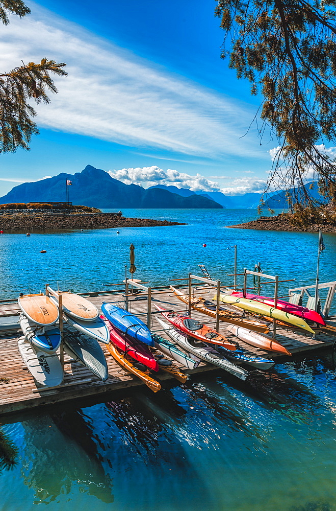 View of canoe boat dock in How Sound at Furry Creek off The Sea to Sky Highway near Squamish, British Columbia, Canada, North America