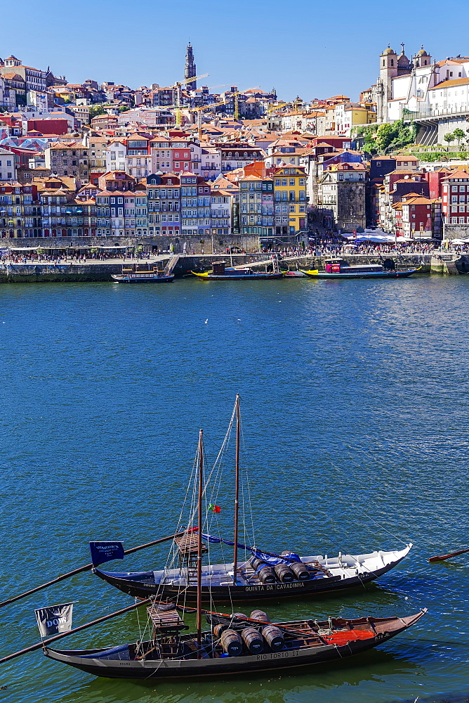 Ships used to carry port wine, moored in Vila Nova de Gaia on the Douro River, with Ribeira in the background, Porto, Portugal, Europe