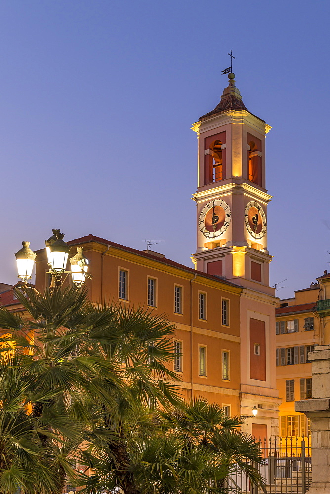 Palais Rusca and clock tower at the Courthouse Square (Place du Palais de Justice), Nice, Alpes Maritimes, Cote d'Azur, French Riviera, Provence, France, Mediterranean, Europe