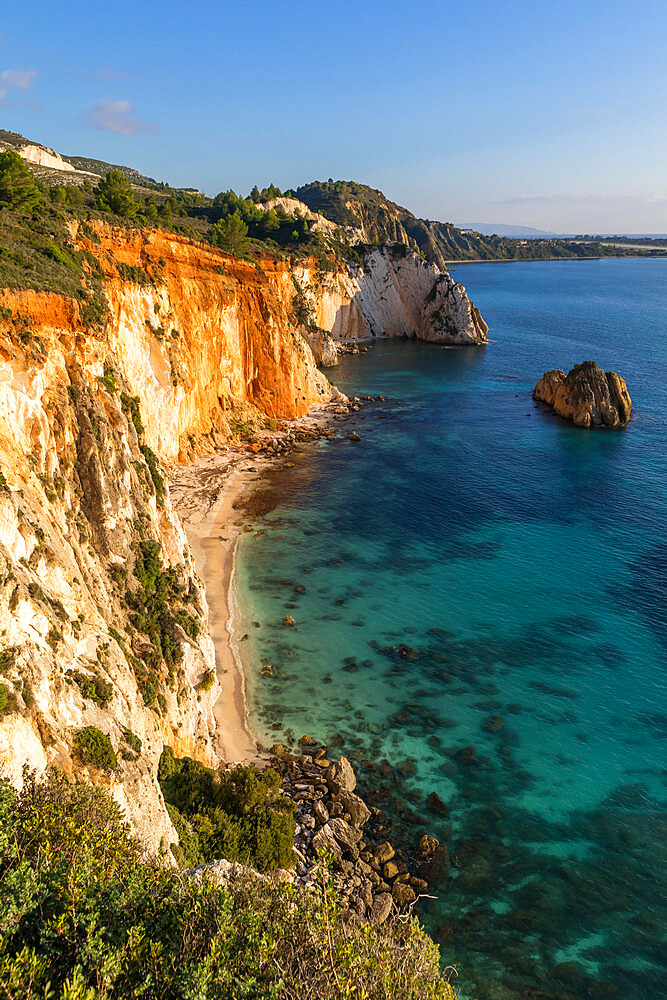 Elevated view over the White Rocks Cliff, Kefalonia, Ionian Islands, Greek Islands, Greece, Europe