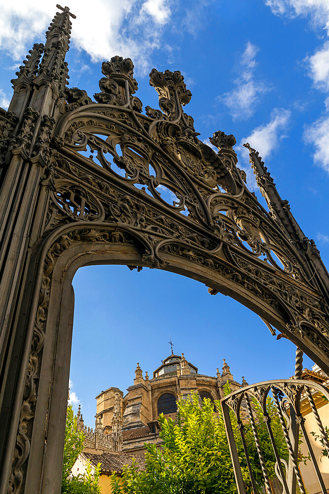 Granada Cathedral seen from the entrance gate to Oficios Street, Granada, Andalusia, Spain, Europe