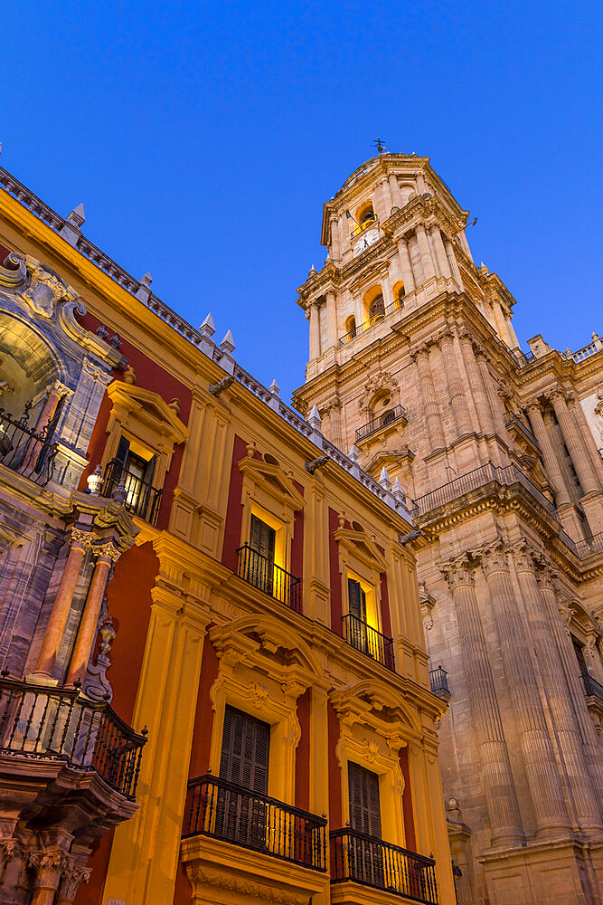 Illuminated Our Lady of Incarnation Cathedral at dusk, Malaga, Costa del Sol, Andalusia, Spain, Europe