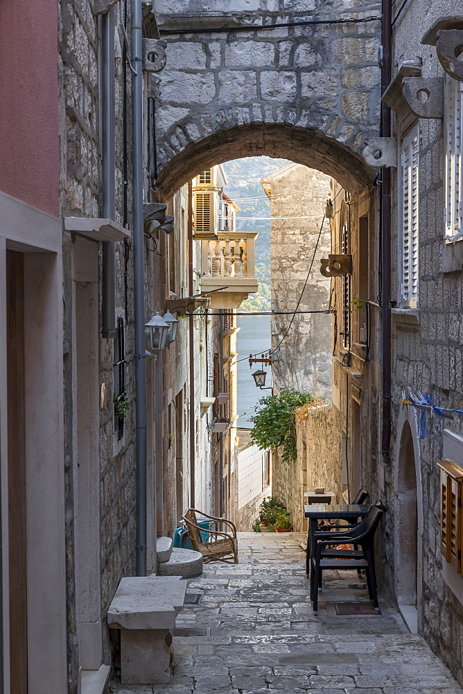 Narrow street in the old town of Korcula Town, Croatia, Europe