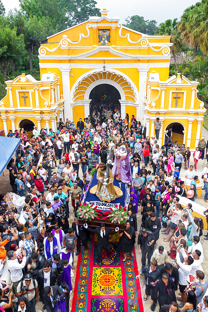 High-angle view over the Holy Tuesday Procession leaving the chapel El Calvario near Antigua during Holy Week 2017, Antigua, Guatemala, Central America