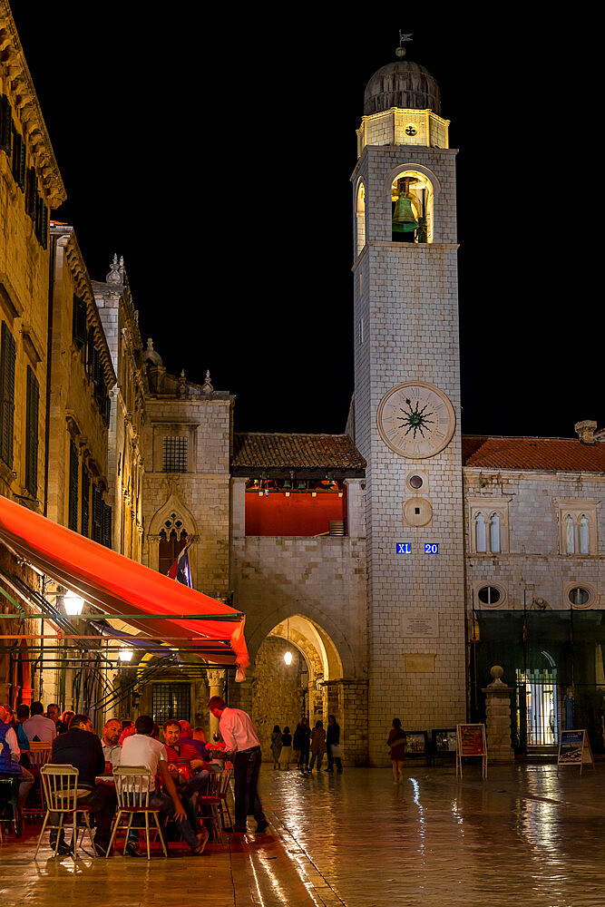 Clock tower at Stradun in the old town of Dubrovnik, UNESCO World Heritage Site, Croatia, Europe