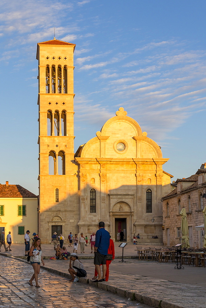 Saint Stephen Church at the main square of Hvar Town during sunset, Hvar, Croatia, Europe