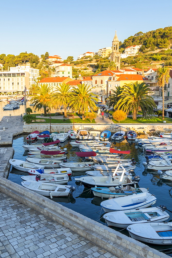 Elevated view over the port of Hvar Town at sunrise, Hvar, Croatia, Europe