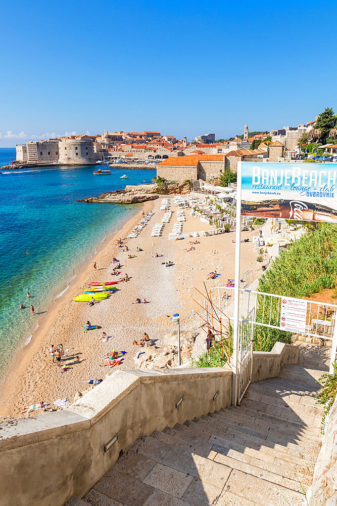 View over Banje Beach and the old town of Dubrovnik in the background, Dubrovnik, Croatia, Europe