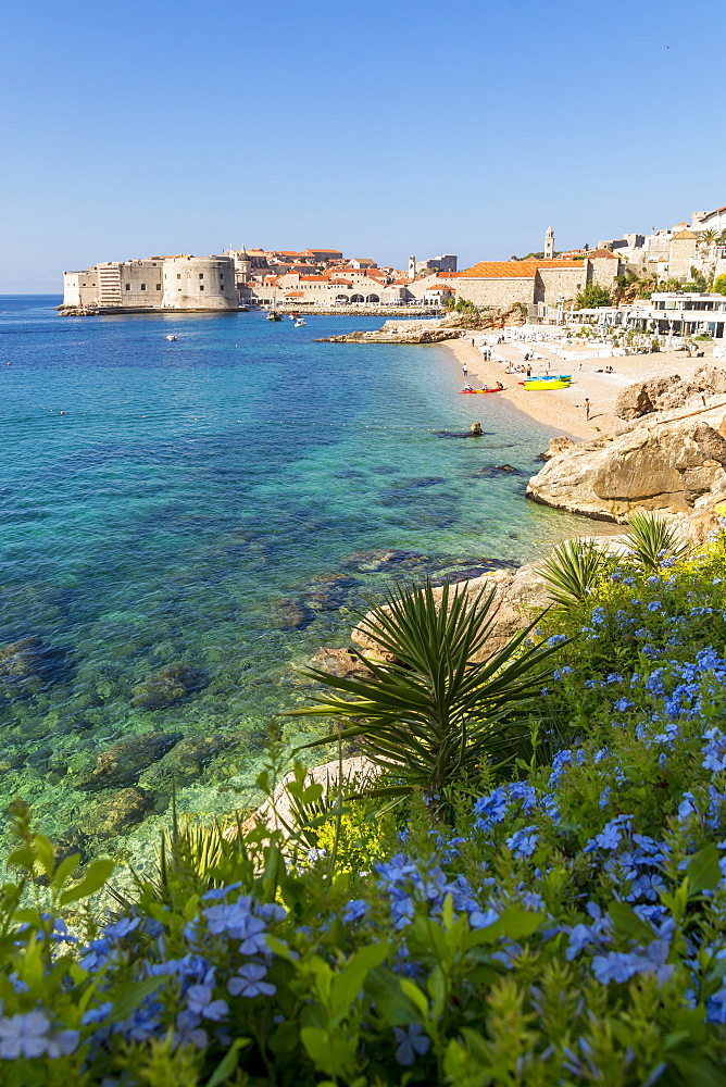 View over Banje Beach and the old town of Dubrovnik in the background, Croatia, Europe