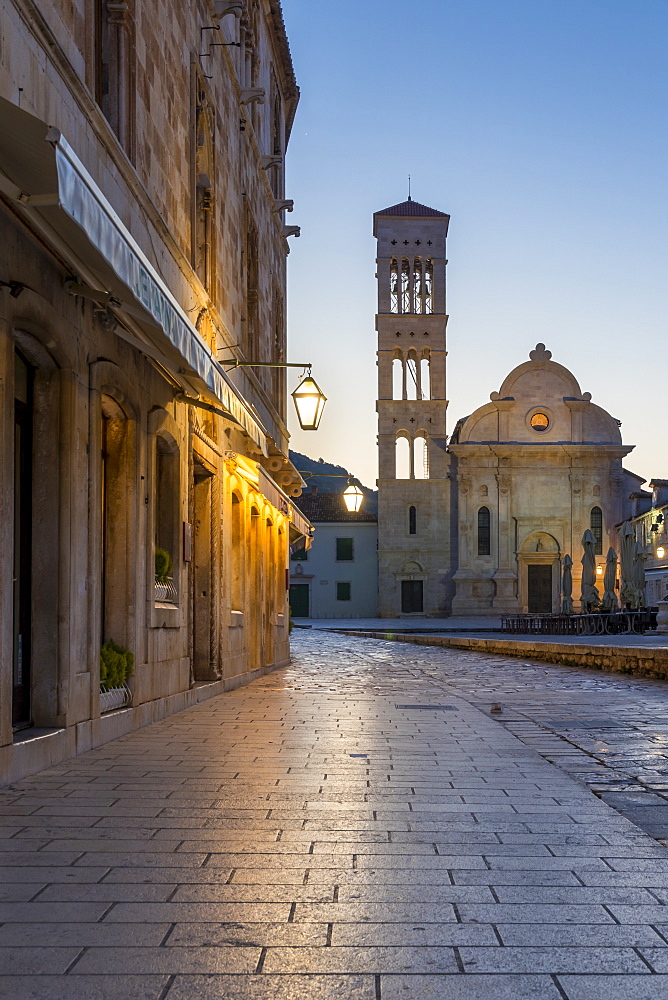 Saint Stephen Church on the main square of Hvar Town at dawn, Hvar, Croatia, Europe