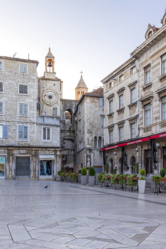 View to the bell tower at Narodni Square in the old town of Split at dawn, Croatia, Europe