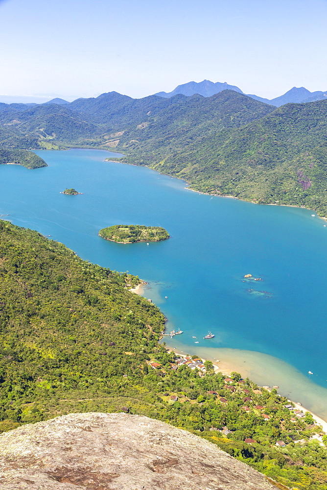 Elevated view from Sugar Loaf peak over the fjord-like bay, Saco do Mamangua, Paraty, Rio de Janeiro, Brazil, South America