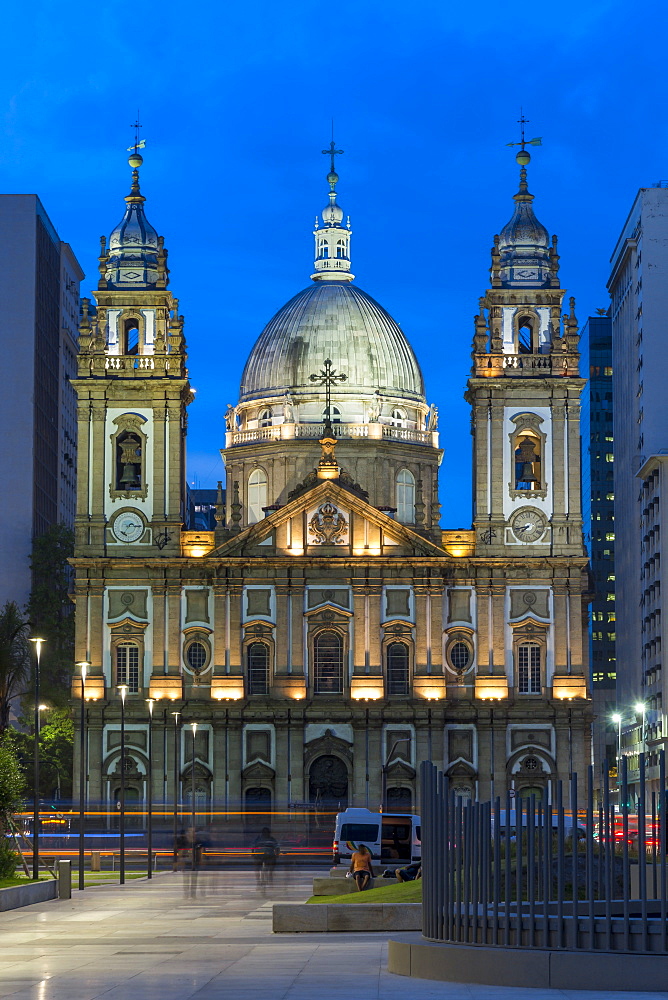 Illuminated Candelaria Church at dusk, Rio de Janeiro, Brazil, South America