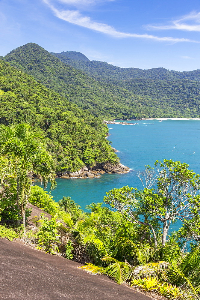 Elevated view from Indians Head Rock (Pedra Cabeca do Indio) over Cachadaca Beach, Trindade, Paraty, Rio de Janeiro, Brazil, South America