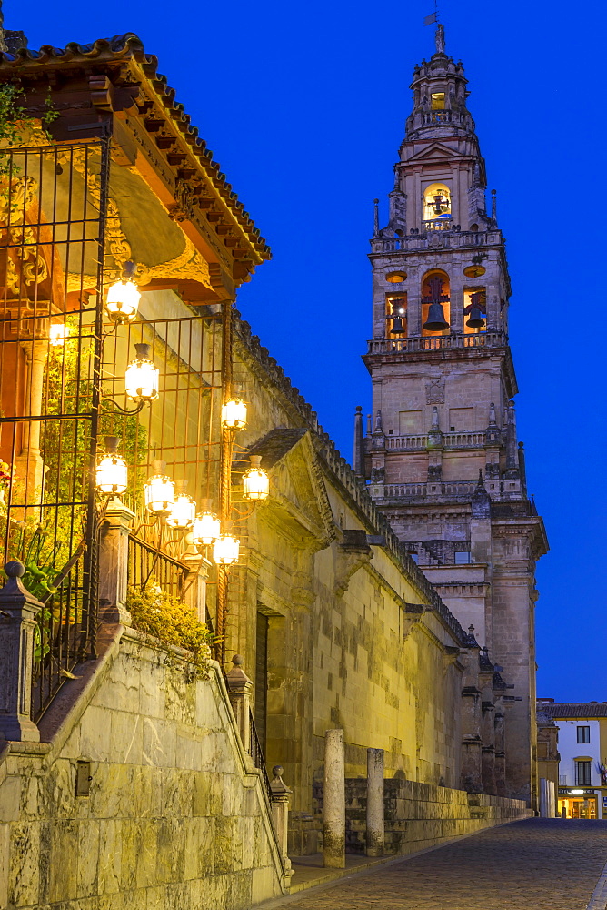 The bell tower of the Mosque-Cathedral during the blue hour, Cordoba, Andalusia, Spain, Europe