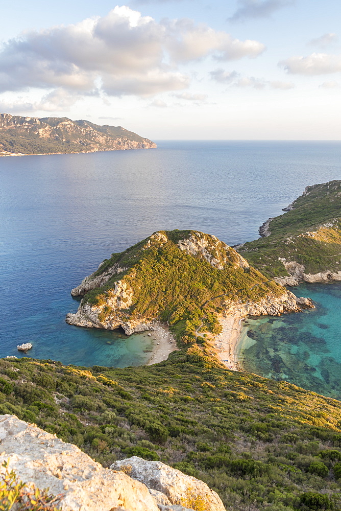 Elevated view from a lookout over the Porto Timoni Double Bay at sunset, Afionas, Corfu, Greek Islands, Greece, Europe