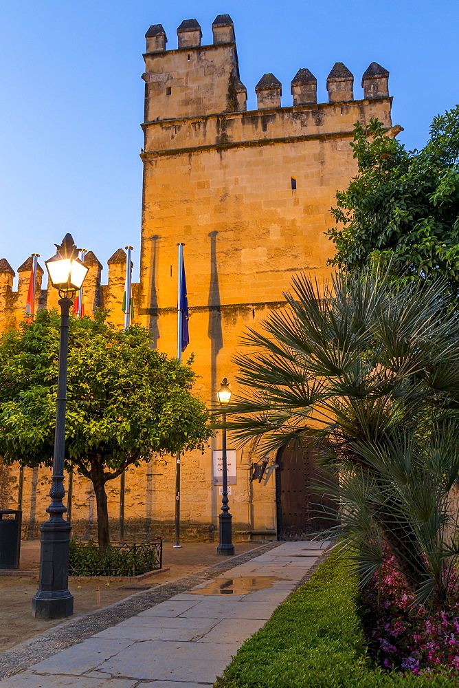 Illuminated walls of the Royal Alcazars at dusk, Cordoba, Andalusia, Spain, Europe