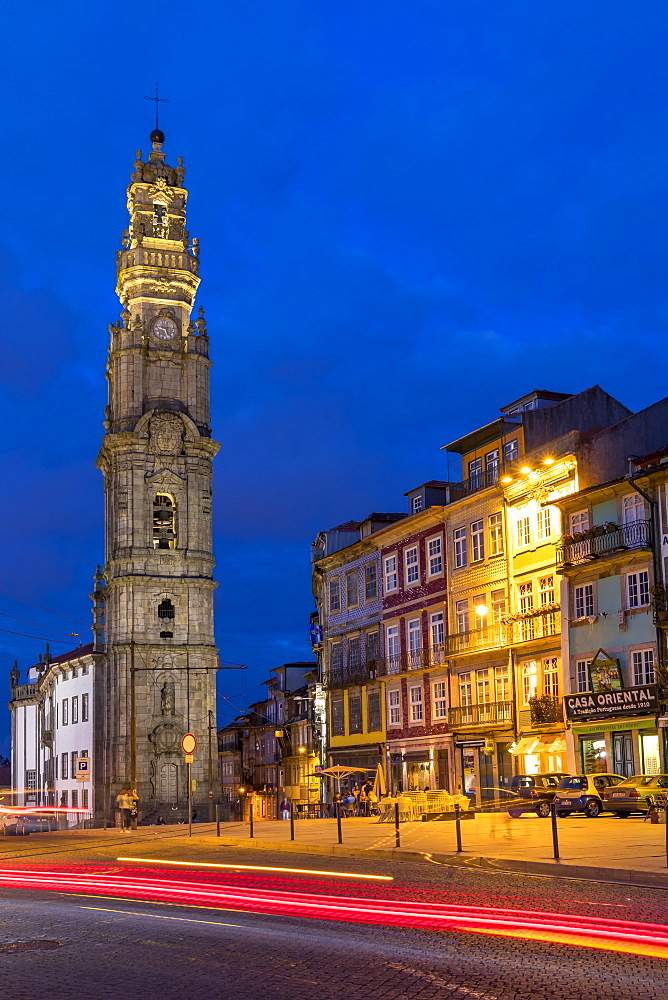 The bell tower of the Clerigos Church at dusk, Porto, Portugal, Europe