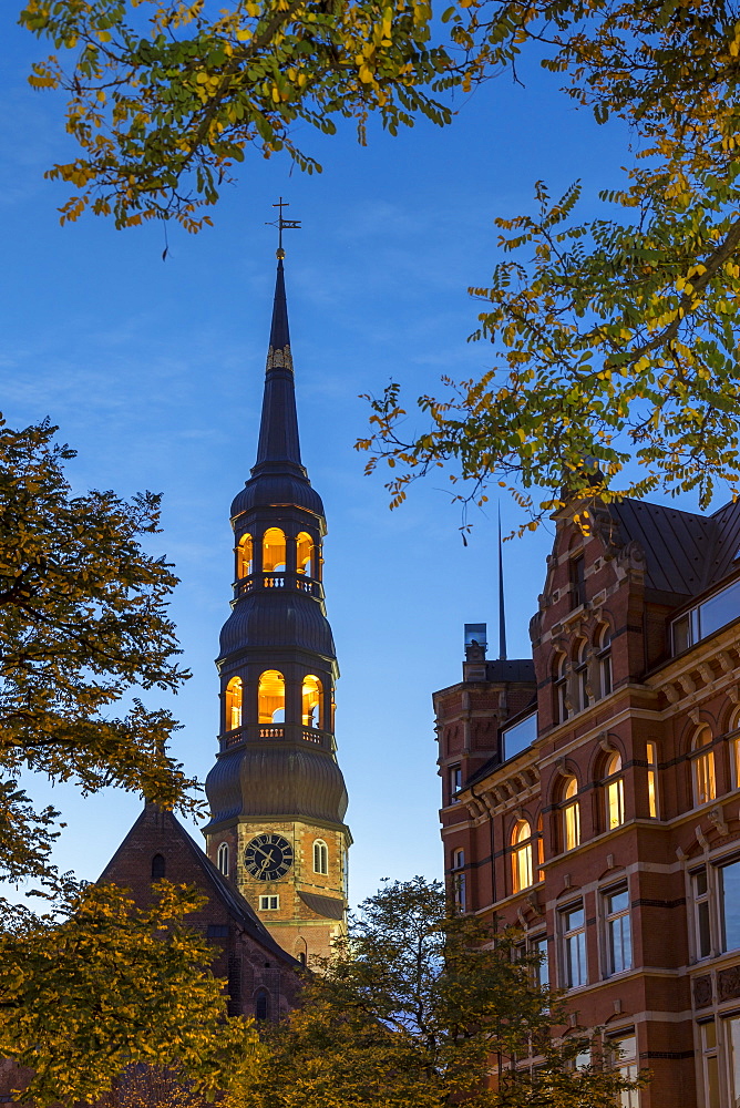 St. Catherine's Church (St. Katharinen-Kirche) and historical building at Zippelhaus during dusk, Hamburg, Germany, Europe