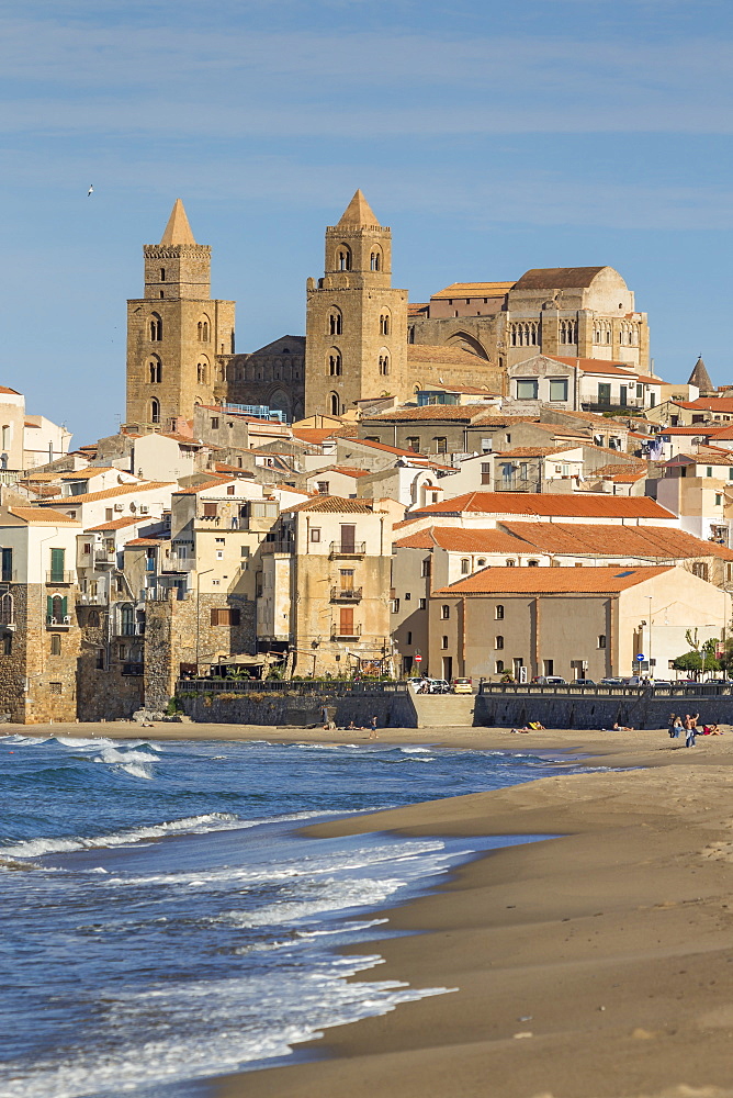 The cathedral and the old town seen from the beach, Cefalu, Sicily, Italy, Europe