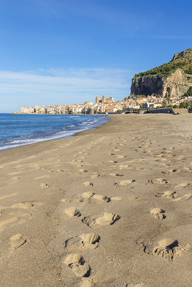 The cathedral and the old town seen from the beach, Cefalu, Sicily, Italy, Europe