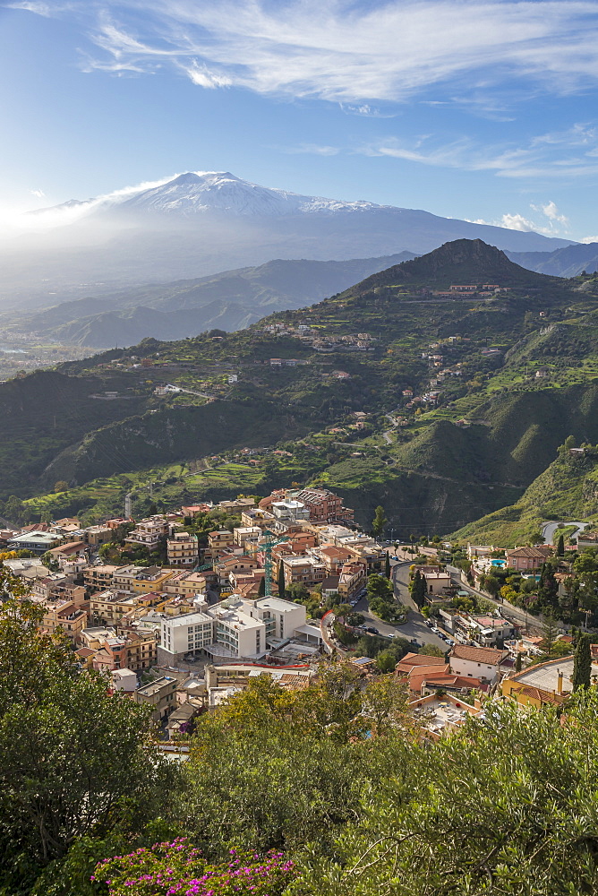 View from Madonna della Rocca church over Taormina and to Mount Etna, Taormina, Sicily, Italy, Europe