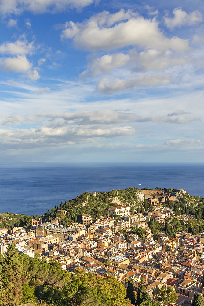 View from Madonna della Rocca church down to the city centre, Taormina, Sicily, Italy, Europe