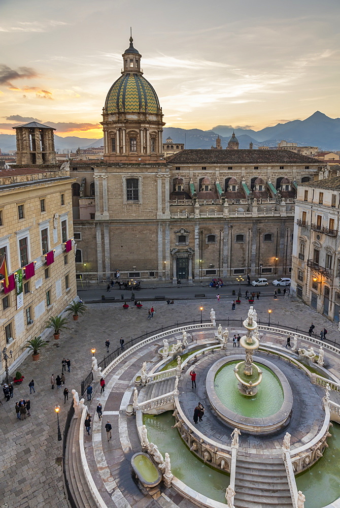 High-angle view of Praetorian Fountain (Fontana Pretoria) and San Giuseppe dei Padri Teatini church, Palermo, Sicily, Italy, Europe