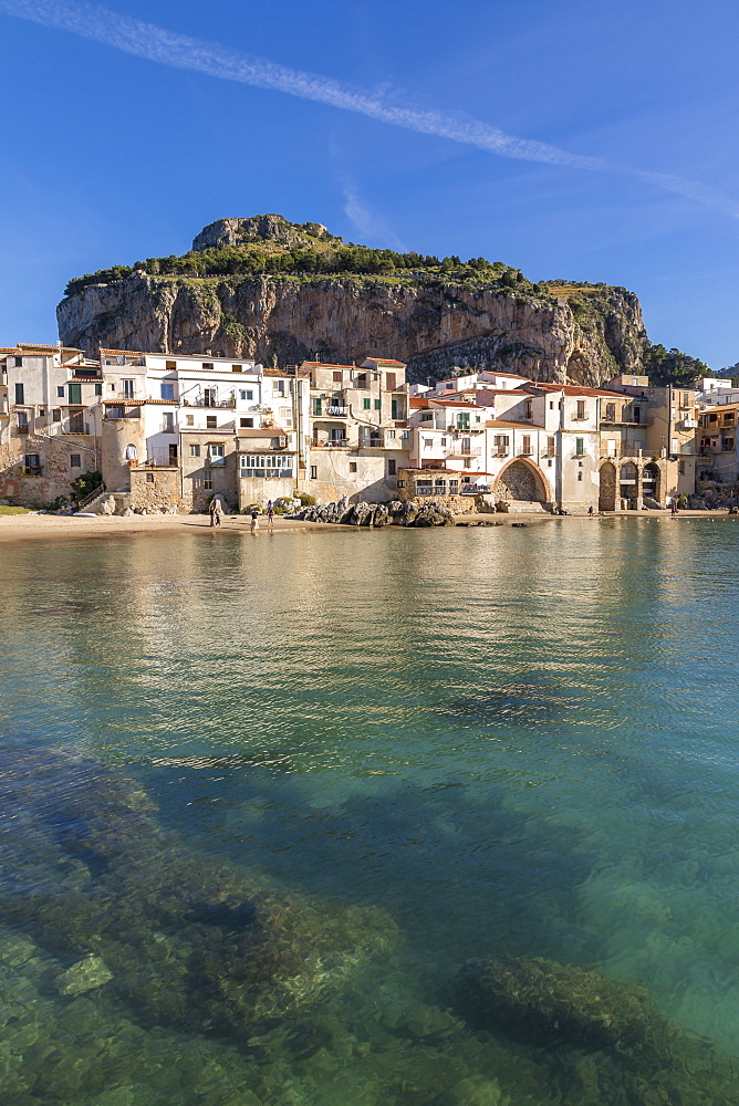 The old town of Cefalu with Rocca di Cefalu in the background, Cefalu, Sicily, Italy, Mediterranean, Europe