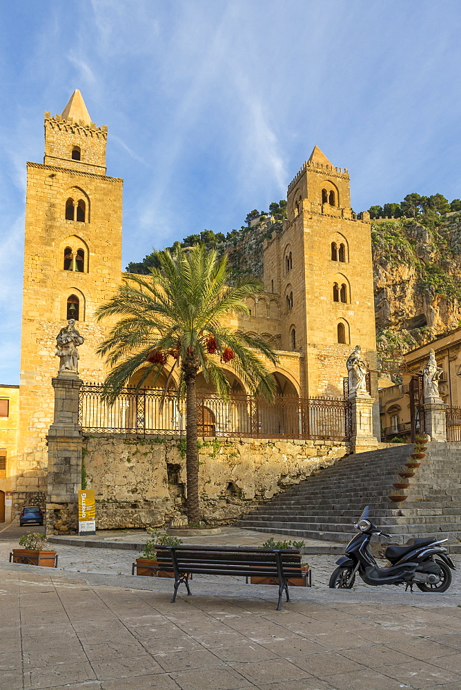 The Cathedral of Cefalu, UNESCO World Heritage Site, with Rocca di Cefalu in the background at sunset, Cefalu, Sicily, Italy, Europe