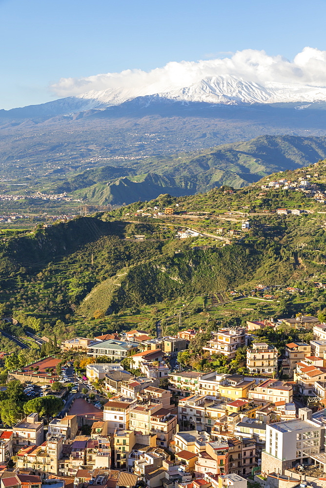 View from Madonna della Rocca church to Mount Etna, Taormina, Sicily, Italy, Europe