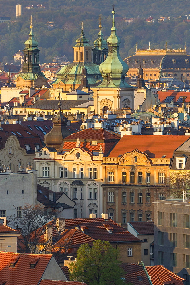 View from a lookout at Letna Park over the old town at first sunlight, UNESCO World Heritage Site, Prague, Bohemia, Czech Republic, Europe